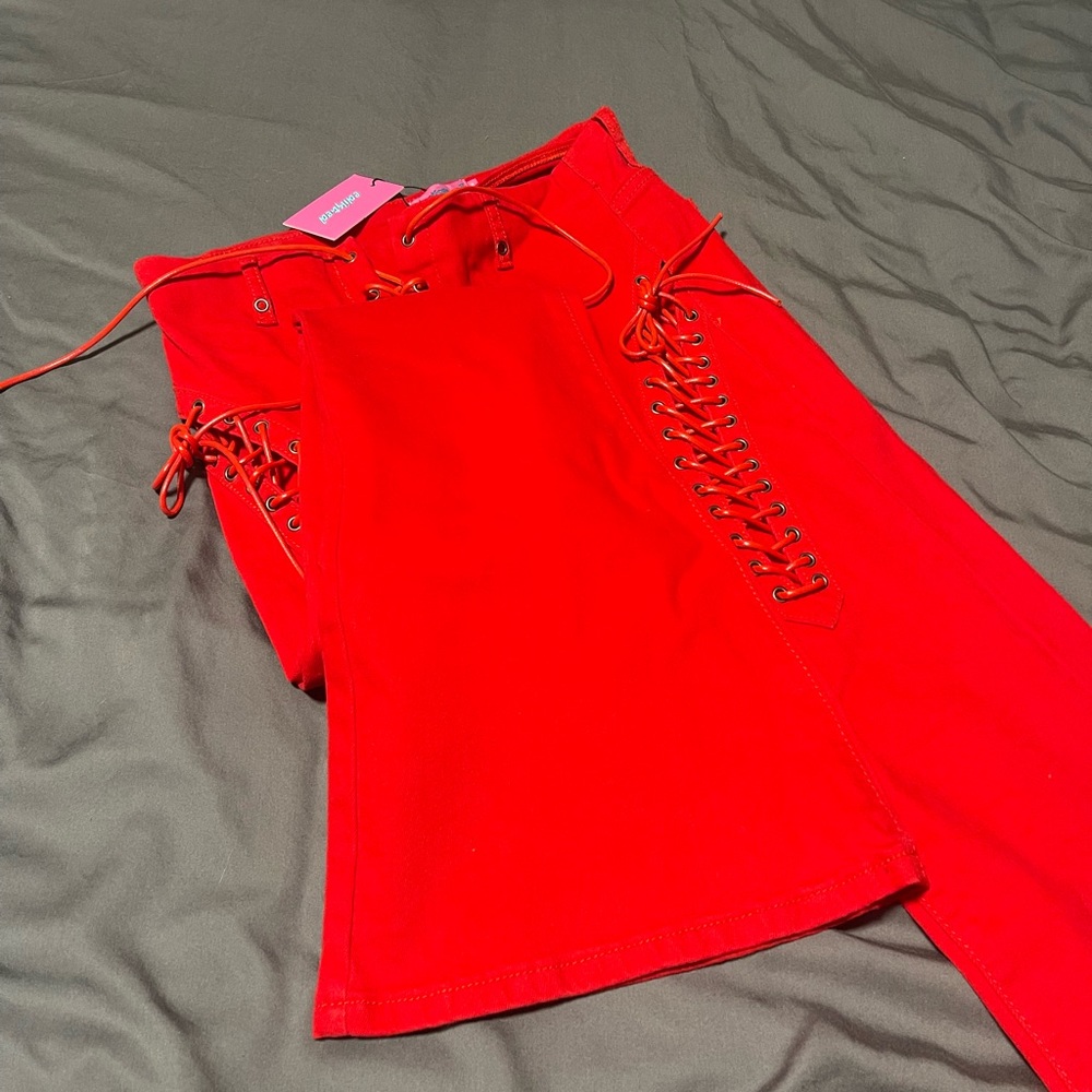 edikted engine red flare jeans